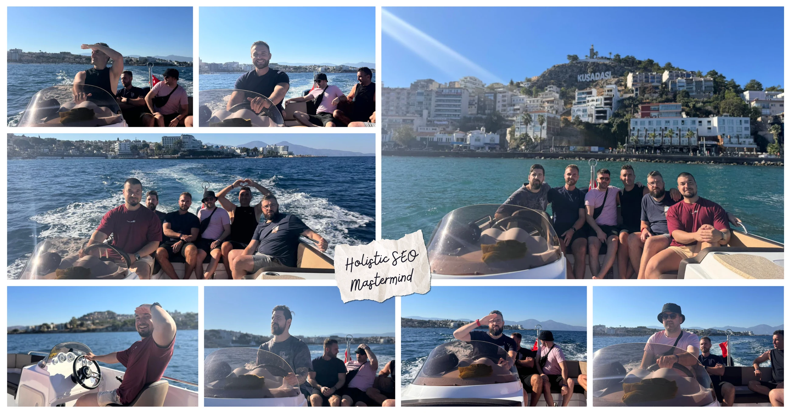 2024 mastermind collage of attendees boating together along the Kuşadası coast
