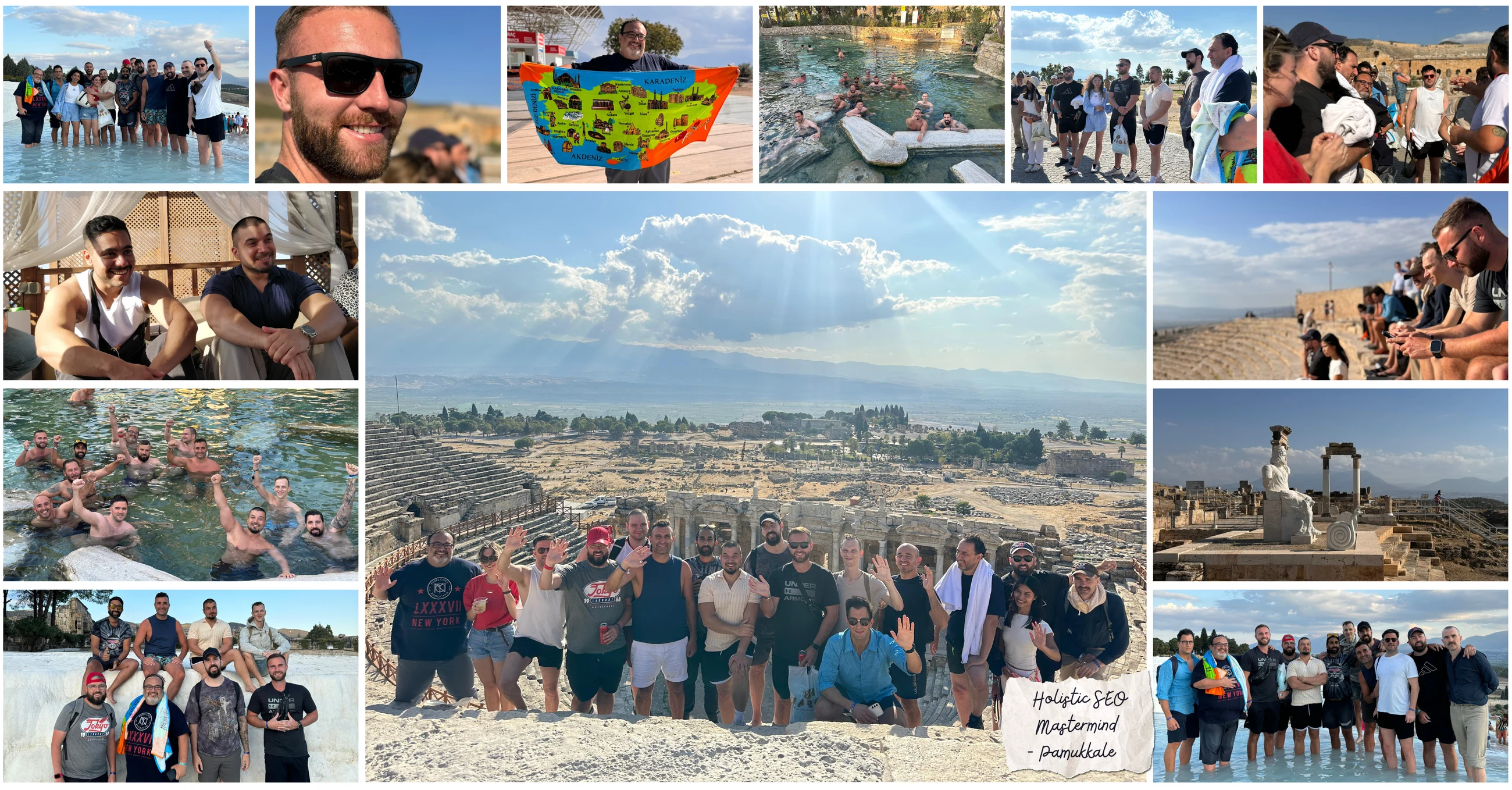 2024 mastermind collage of the group at Pamukkale, swimming in thermal pools and exploring ancient ruins